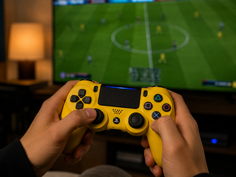 دسته بازی PS4 زرد در دستان گیمر هنگام مسابقه فوتبال در فضای گرم و واقعی بازی.
